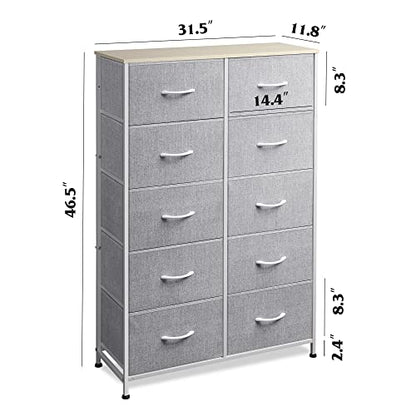 WLIVE Tall Dresser for Bedroom with 10 Fabric Drawers, Light Grey | 10 Drawers, Fabric Dresser for Closet, Storage Tower with Cabinet, Metal Frame - color: Light Grey
