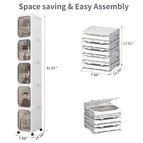 5 Tier Slim Bathroom Storage Cabinet, Foldable and Movable, White | Tools Free, ABS and PET, Magnetic Clear Door, Adjustable Shelves, Lockable Wheels, Water Resistant, For Narrow Space - color: White, size: 5 Tiers