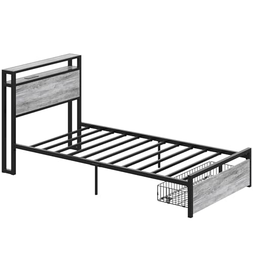 LIKIMIO Twin XL Bed Frames with Drawer and Charging Station, Industrial Gray - color: Industrial Gray, size: Twin XL