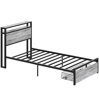 LIKIMIO Twin XL Bed Frames with Drawer and Charging Station, Industrial Gray - color: Industrial Gray, size: Twin XL