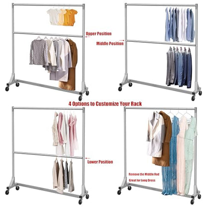 Simple Houseware Commercial Grade Z-Base Double Rod Garment Rack, Silver | 600Lb Load with 63" Extra Long Bar, Adjustable Middle Bar