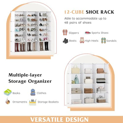 Tangkula 48 Pairs Shoe Rack Organizer, 12-Cube Shoe Storage Cabinet with Removable Shelf, 5 Hanging Hooks, DIY Shoe Shelves with Doors, 24 Tiers Free Standing Shoe Tower Rack for Entryway (White)