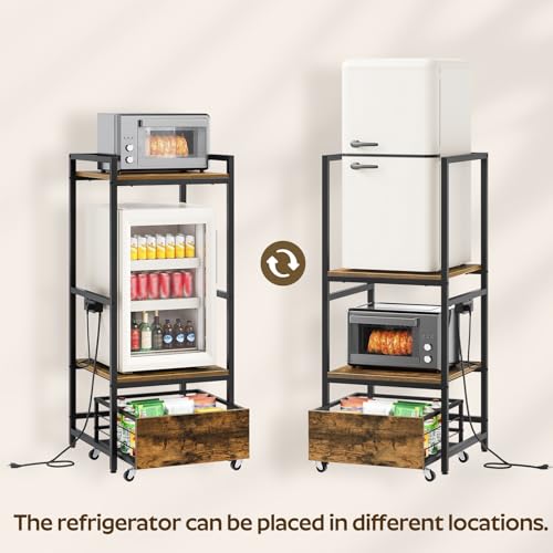 Mini Fridge Stand with Movable Drawer, Microwave Stand with Power Outlet, Mini Fridge Shelf with Adjustable Shelves, Kitchen Bakers Rack for Dorm, Dining Room, Home, Rustic Brown HB05UBR