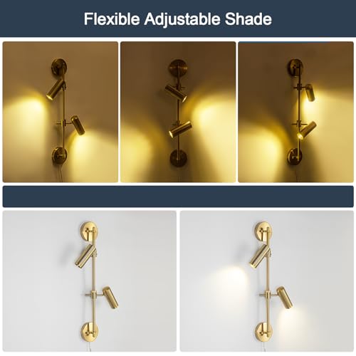 Modern Gold 2-Light Plug in LED Wall Sconce Light, 1 Pack | Vanity Wall Light 3000K Warm White Rotatable Shade Picture Light Wall Lamp for BLdroom, Living Room,Bulb Included - color: A-Gold