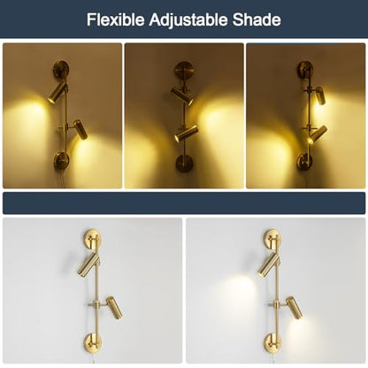 Modern Gold 2-Light Plug in LED Wall Sconce Light, 1 Pack | Vanity Wall Light 3000K Warm White Rotatable Shade Picture Light Wall Lamp for BLdroom, Living Room,Bulb Included - color: A-Gold