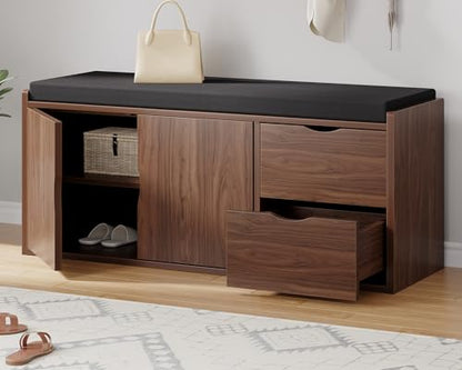 LVB 40” Entryway Bench with Padded Seat Cushion Shoe Bench with 2 Drawers | Wood Hidden Shoe Bench with 2 Drawers Cabinet, Industrial storage Bench for Foyer entrance Living Bedroom, Walnut Oak - color: Walnut Oak