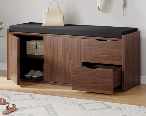 LVB 40” Entryway Bench with Padded Seat Cushion Shoe Bench with 2 Drawers | Wood Hidden Shoe Bench with 2 Drawers Cabinet, Industrial storage Bench for Foyer entrance Living Bedroom, Walnut Oak - color: Walnut Oak