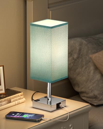 Turquoise Touch Table Lamp for Bedroom - Dimmable, USB C+A, 2 AC Outlets | 3-Way Dimming, 3000K Bulb Included, Square Turquoise Lampshade and Silver Base, Desk Lamp for Nightstand, Living Room, Dorm - color: Turquoise & Silver, size: 14.0in