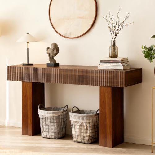 ZYBT 56" Fluted Console Table, Boho Vanity Desk Wooden Narrow Sofa Table Behind The Couch, Farmhouse Entryway Table for Entrance, Hallway,Living Room,Bedroom, Home Office,Brown - color: Brown-2 Legs