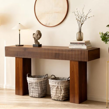 ZYBT 56" Fluted Console Table, Boho Vanity Desk Wooden Narrow Sofa Table Behind The Couch, Farmhouse Entryway Table for Entrance, Hallway,Living Room,Bedroom, Home Office,Brown - color: Brown-2 Legs