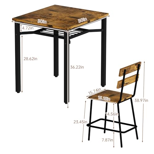 Hooseng 3 Piece Bar Table and Chairs Set, Counter Height Small Dining Table with 2 Bar Stools, Farmhouse Square Kitchen Table with Storage for Bistro, Pub, Small Space - color: Brown