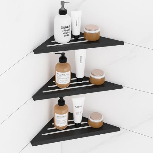 Shower Corner Shelf,304 Stainless Steel Caddy, No Drill Shower Shelf,Won't Fall Off Organizer, Large Capacity Floating Corner Shelves Shampoo Holder (Black 3-Pack) - color: Black 3-pack