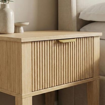 FuniXpress Small Nightstand, 15" Wide, Drawer and Shelf, Natural Oak Fluted | Light oak tone, clean fluted front, 11.8-inch slim depth, smart storage, fits bedside, sofa side, or small spaces - color: Natural Oak