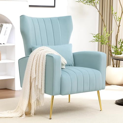 Modern Accent Chair Upholstered Living Room Chair,High Back Arm Chair with Metal Legs Lumbar Reading Chair for Bedroom, Apartment, Small Spaces Sky Blue - color: Sky Blue, size: Set of 1