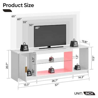 Bestier Glossy Fluted TV Stand for 65 Inch TV, Gaming LED Entertainment Center with Cabinet for PS5 Xbox, TV Console with Adjustable Glass Shelves for Living Room Bedroom, Bright White - color: Bright White