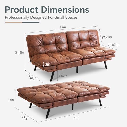 Futon Sofa Bed Convertible Couch, Brown Faux Leather Sofa Bed | Adjustable Backrest & Armrests, Multifunctional Small Loveseat Sleeper Sofa for Living Room, Apartment, Office, Foam Couch - color: A4 | Brown
