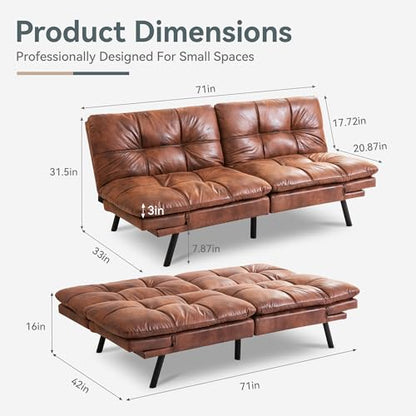 Futon Sofa Bed Convertible Couch, Brown Faux Leather Sofa Bed | Adjustable Backrest & Armrests, Multifunctional Small Loveseat Sleeper Sofa for Living Room, Apartment, Office, Foam Couch - color: A4 | Brown