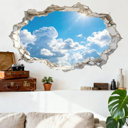 Hole in Wall Sky and Clouds Wall Decals, Wall Stickers Decor | 2 Sheets 11.8"x37.8" Vinyl Removable Peel and Stick Murals, Plant Decor for Bedroom, Bathroom, Office, Classroom & Home - style: Hole in Wall Sky and Clouds