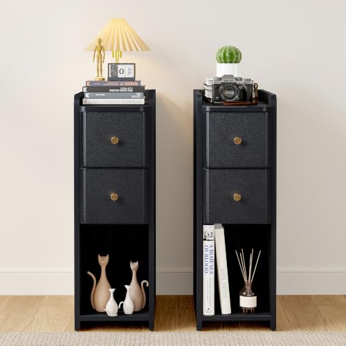 Narrow Nightstand Set of 2, Wooden Small 2 Drawer Nightstand, Slim Side End Table, Skinny Bedside Table, Mid Century Modern Night Stand with Drawers for Bedroom (Black-2 pcs) - color: Black-2 Pcs