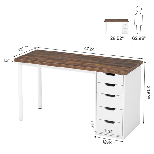 Tribesigns Computer Desk with 5 Drawers, 47 inches Rustic Brown Home Office Desk with Storage, Modern Simple Laptop Desk Study Writing Table for Small Spaces (1, Brown+White) - color: Brown+white