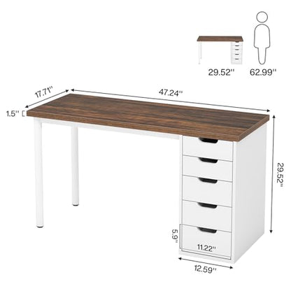 Tribesigns Computer Desk with 5 Drawers, 47 inches Rustic Brown Home Office Desk with Storage, Modern Simple Laptop Desk Study Writing Table for Small Spaces (1, Brown+White) - color: Brown+white