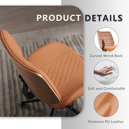 Home Office Chair No Arms with Wheels, Mid Back Walnut Style, Brown | Adjustable Height PU Leather Mid Back Support, 360 Swivel Computer Small Desk Seat, Armless Walnut Office Chair, 300LBS Cap - color: Brown, size: MCM Style