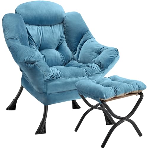Lazy Chair with Folding Ottoman Modern Large Accent Chair,Contemporary Lounge Leisure Sofa Chair with Armrests Upholstered Sofa Armchair Reading for Bedroom,Dorm & Office(Blue-f) - color: Blue