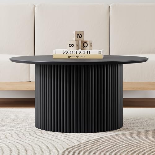 31.5" Round Coffee Table, Modern Fluted Accent Center Table with Metal Frame, Wooden Circle Coffee Tables for Living Room Small Space or Office (Black) - color: Black 31.5" Round