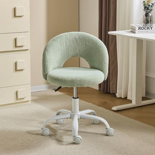 VINGLI Small Vanity Chair with Faux Fur Wheels for Girls,Cute Adjustable Height Armless Office Desk Chair,360°Swivel Comfy Rolling for Study,Make up Room,Small Space,Mint Green - color: Furry Mint Green
