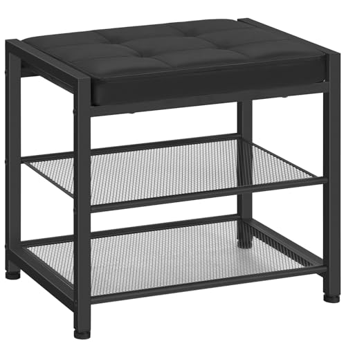 HOOBRO Small Shoe Bench, 3-Tier Shoe Rack, Shoe Storage Bench with PU Seat Cushion, Entryway Shoe Rack Bench with Metal Mesh Shelves, Freestanding Shoe Organizer for Hallway, Black BB33HX01 - color: Black