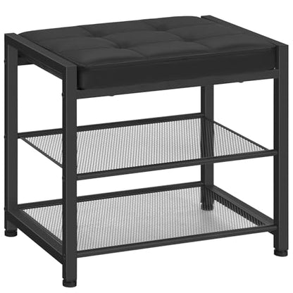 HOOBRO Small Shoe Bench, 3-Tier Shoe Rack, Shoe Storage Bench with PU Seat Cushion, Entryway Shoe Rack Bench with Metal Mesh Shelves, Freestanding Shoe Organizer for Hallway, Black BB33HX01 - color: Black