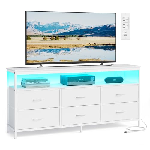 SONGMICS BELLAH Collection - Dresser for Bedroom, Chest of Drawers, TV Stand for TVs Up to 65 Inches, Living Room, Closet, 6 Drawers and 1 Shelf, Modern, Cloud White ULGS834WH02S - color: Cloud White, size: 13.8"D x 57.8"W x 26.8"H (6 Drawers)