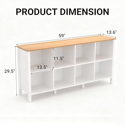 8-Cube Bookcase, Farmhouse Wooden Bookshelf Low Storage Organizer, 59" Horizontal White Console with Legs, Hallway Book Case for Entryway, Display Cabinet for Living Room (White, 8-Cube) - color: White, size: 8-Cube