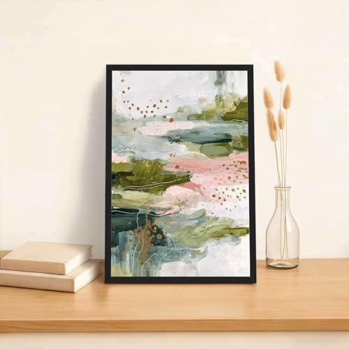 Framed Canvas Wall Art Abstract Green Pink Gold Art Print Modern Aesthetic Poster Paintings Pictures Wall Decor Trendy Artwork for Living Room Bedroom Office Apartment Decor (Framed,12W X16L) - size: 12W"X16L"