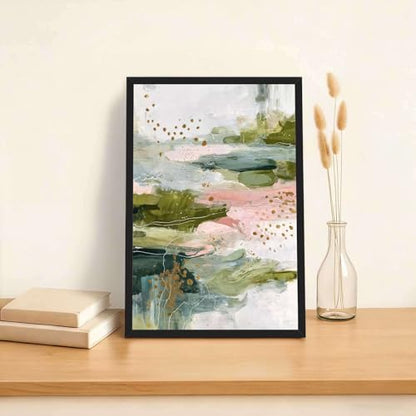 Framed Canvas Wall Art Abstract Green Pink Gold Art Print Modern Aesthetic Poster Paintings Pictures Wall Decor Trendy Artwork for Living Room Bedroom Office Apartment Decor (Framed,12W X16L) - size: 12W"X16L"