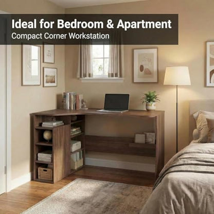 Garvee L Shaped Desk with Storage Shelves, Small Corner Desk for Small Spaces, Corner Table with 3 Tier Shelves, Home Office, Writing Study Gaming Desk, Walnut Wood
