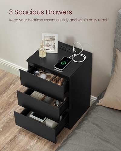 VASAGLE Nightstand with Charging Station, 3 Drawers | Bedside Table, 2 AC Outlets, 2 USB Ports, 15.8 x 13.8 x 23.2 Inches, Ebony Black, KAILYN Collection ULET631B58 - color: Ebony Black, size: 1 PACK, style: 3 Drawer