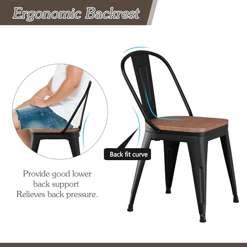 Alunaune 18inch Metal Dining Chair Set of 4 High Back Classic Chic Iron Farmhouse Chairs Industrial Stackable Coffee Stools Bistro Cafe Side Barstools Wood Seat-Black - color: Black