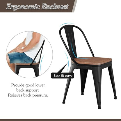 Alunaune 18inch Metal Dining Chair Set of 4 High Back Classic Chic Iron Farmhouse Chairs Industrial Stackable Coffee Stools Bistro Cafe Side Barstools Wood Seat-Black - color: Black