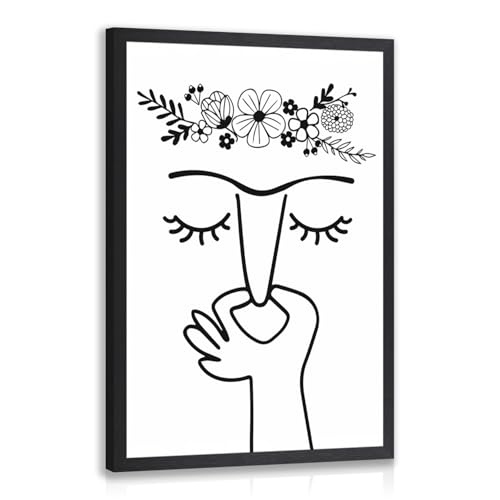 IAFWZX Wood Framed Floral Crown Pinch Nose Bathroom Wall Art 8x10 in | Boho Black White Minimalist Line Wall Decor, Funny Bathroom Art Print, Humorous Decor for Powder Room and Restroom - color: WomanPinchesNose(Wood), size: 10"L x 8"W