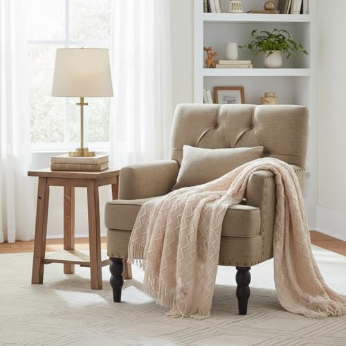 HUIMO Accent Chair, Tufted Upholstered Club Chair, Brown | Tufted upholstered club chair with lumbar pillow and solid wood legs. Suitable for living rooms, bedrooms, and reading nooks. - color: Light Brown