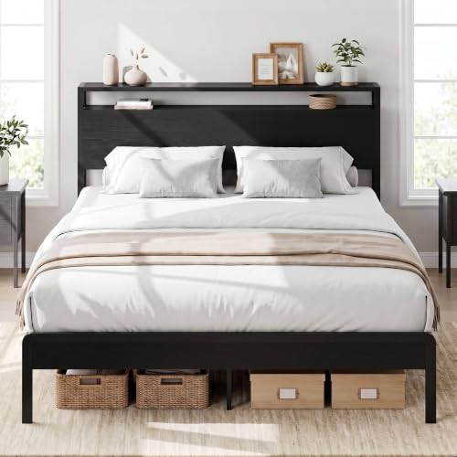 LIKIMIO Queen Bed Frame with 2-Tier Storage Shelf Headboard | Dark Wood Platform Bed, Camas Queen with Strong Metal Supports, Sturdy, Noise-Free, No Box Spring Needed, Classic Black - color: Classic Black, size: Queen