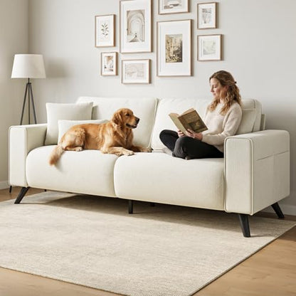 85" Loveseat Sofa, Chenille Couch with Deep Seat, Warm White | Clean-look modern couch with 4 pillows, hidden side pockets, easy assembly for living rooms, apartments, and offices - color: Warm White