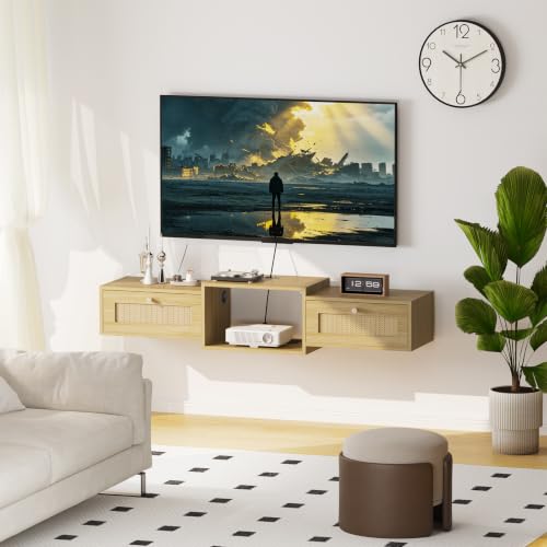 43" Rattan Floating TV Stand, Entertainment Center with Storage | Floating TV Stand with Doors Wall Mounted Modern Media Console Shelf for Bedroom, Wood Floating TV Shelf for Living Room - color: Light Brown