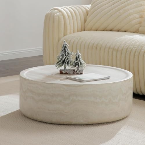 31.49" Round Coffee Table Faux Marble for Living Room, Travertine Stone Pattern Modern Drum Circle Round Center Table for Living Room, Apartment, Office, Fiberglass, No Assembly, Beige - size: 31.49x31.49x12