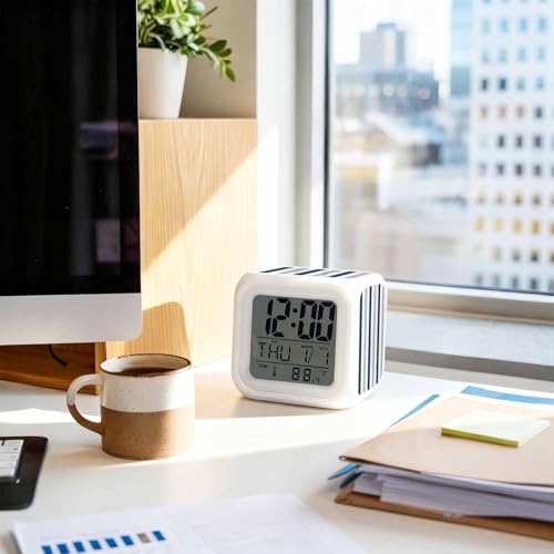 Digital Alarm Clocks for Bedroom,Navy Blue Stripe Gray Linen Cube Alarm Clock with Snooze and Nightlight Geometric Minimalist Style Silent Office Desk Clock Time/Date/Temperature Display - color: Blue