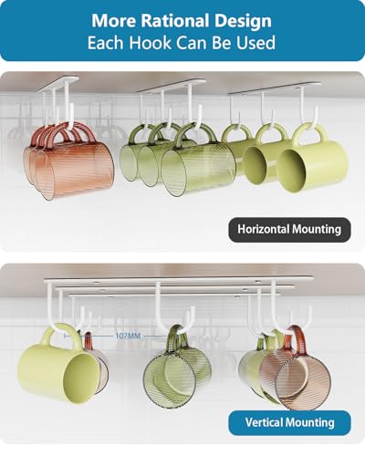 3 Pack Mug Hooks Under Cabinet with 9 Hooks for Displaying Mugs, White | Coffee Mug Holder for Hanging Under Shelf, Cup Hanger, Coffee Cups and Kitchen Utensils - color: White