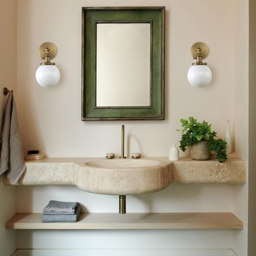 Hardwired Wall Sconce with White Globe, Brass Bathroom Vanity Light with On Off Switch, Vintage Wall Light Fixtures for Living Room Loft Hallway