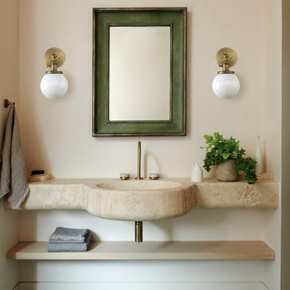 Hardwired Wall Sconce with White Globe, Brass Bathroom Vanity Light with On Off Switch, Vintage Wall Light Fixtures for Living Room Loft Hallway