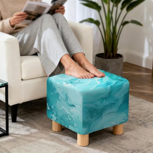 Teal Marble Print Ottoman Cover Square, Storage Ottoman Slipcovers Stretch Footrest Foot Stool Covers Protector with Elastic Band, for Pets - color: Teal Marble
